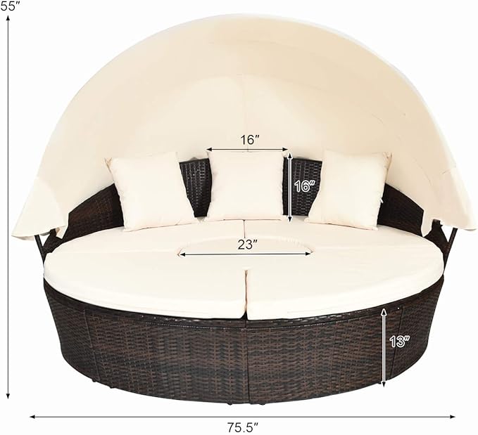 COSTWAY Patio Round Daybed with Retractable Canopy, Wicker Furniture Sectional Couch with Separate Cushioned Seats, Adjustable Table Top, Patio Rattan Daybed Sofa for Backyard, Poolside, White