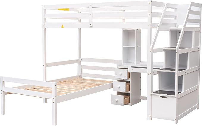 Twin Size Solid Wood Loft Bed with Storage Staircase and Desk, Bedroom Multifunctional Separable Bed Frame w/Shelves & Drawers,No Box Spring Needed,for Adult Kid Boy Girl,White