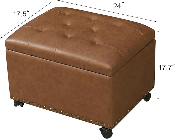 24" Leather Storage Ottoman with Steerable Rolling Wheels, Rectangle Foot Rest Ottoman with Storage for Living Room Bedroom, Vintage Golden Brown
