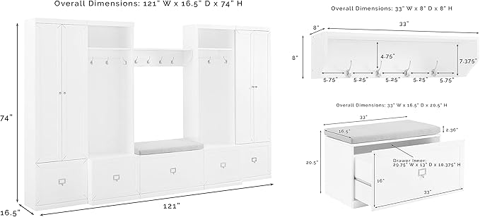 Crosley Furniture Harper 6-Piece Hall Tree, Storage Cabinet, Shoe Rack Bench, and Wall Shelf Set with Hooks, White