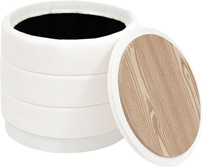 PINPLUS Round Velvet Ottoman Tray, White Upholstered Decorative Accent for Footstool or Coffee Table, Removable Serving Surface