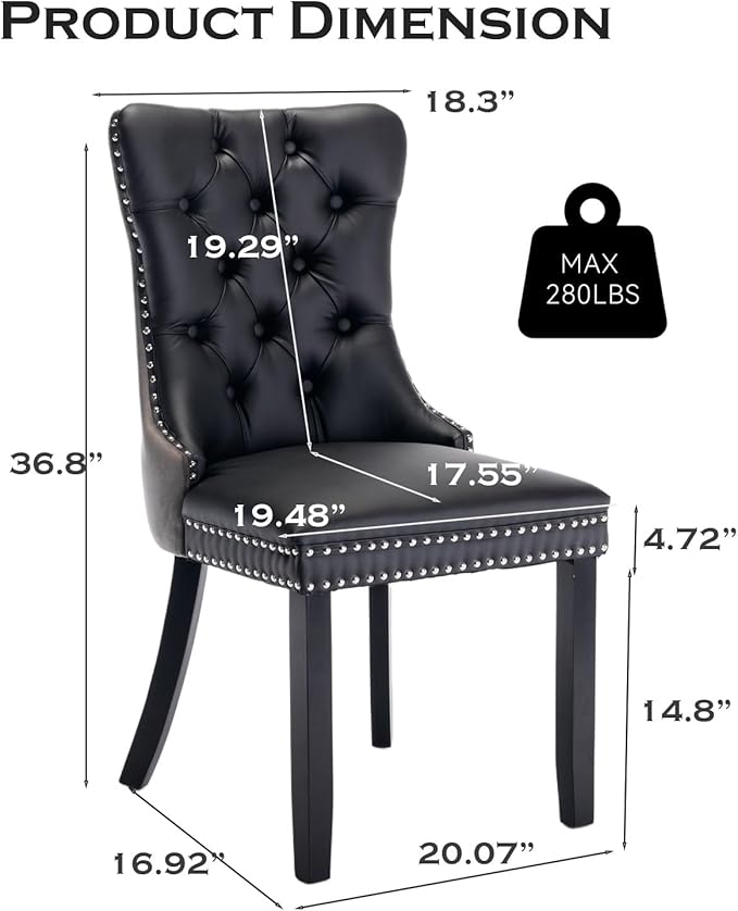 Leather Upholstered Dining Chairs Set of 4, Modern Style Kitchen Side Chairs with Nailhead Trim and Wood Leg, Metal Pulling Ring for Dining Room Living Room(Black&Grey,Set of 4)