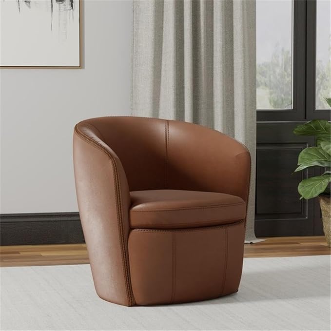 Pemberly Row Traditional Vintage All Italian Leather Swivel Club Chair in Brown