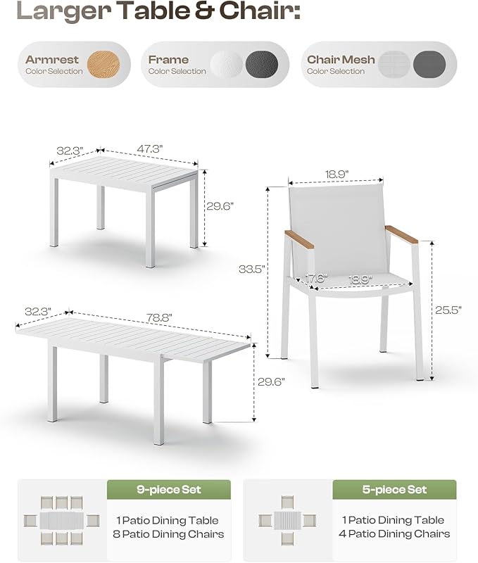 Expandable Outdoor Patio Dining Table Set for 6-8 Person, Aluminum Outdoor Table and 8 Chairs with Textilene Fabric & HDPS Armrest, All-Weather Patio Furniture Set for Yard, Garden, White