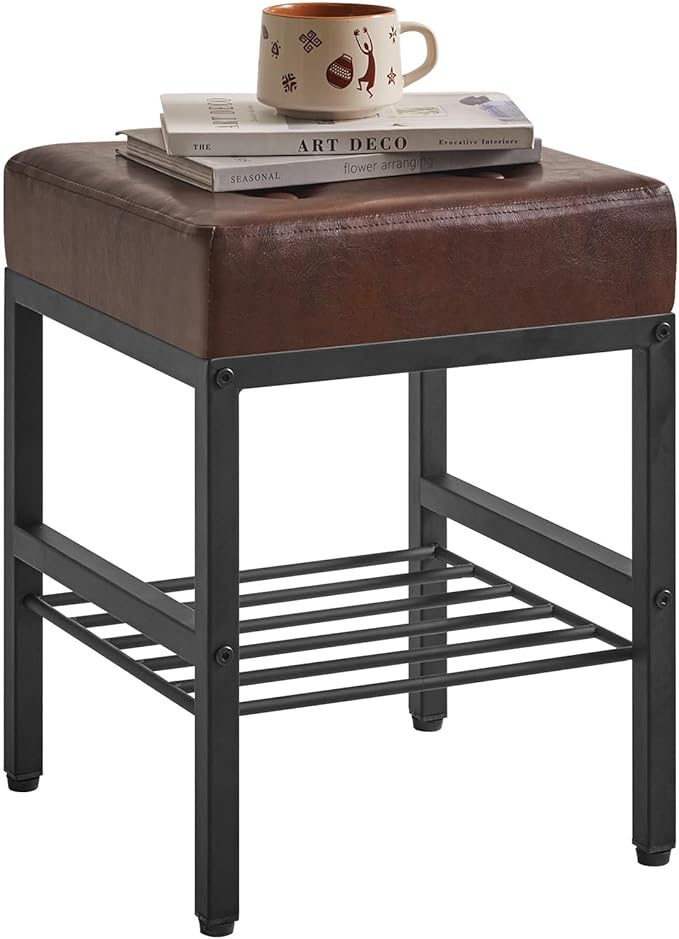 IBUYKE Square 16.34 inches Stool with Adjustable Feet and Storage Space, Footrest Chair,Multi-Use as Small Side Table or Ottoman, for Bedroom, Dark Brown LG-60Z