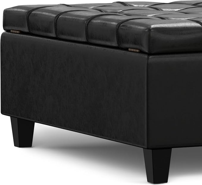 SIMPLIHOME Harrison Large Coffee Table Storage Ottoman - 40 inch Wide Upholstered Vegan Leather Square Lift-Top Ottoman in Midnight Black, Transitional Bench for Living Room with Sturdy Base