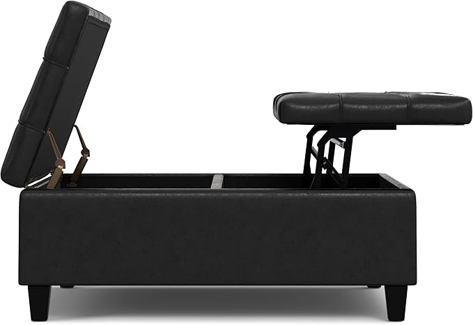 SIMPLIHOME Harrison Large Coffee Table Storage Ottoman - 40 inch Wide Upholstered Vegan Leather Square Lift-Top Ottoman in Distressed Black, Transitional Bench for Living Room with Sturdy Base