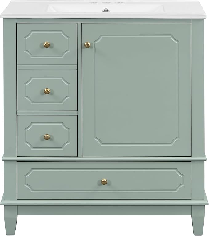 Bathroom Vanity with Ceramic Sink 30 inch, Multi-Functional Storage Cabinet with Drawers and Door Shelf, Solid Wood Frame, Soft-Closing Door, Light Green