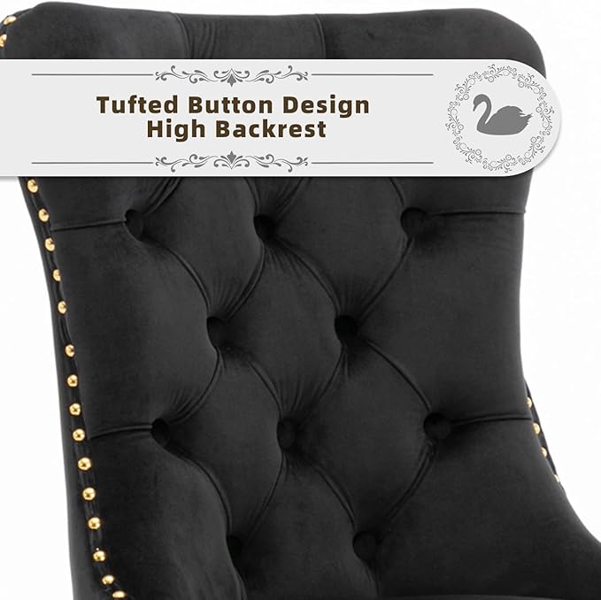 Velvet Upholstered Dining Chairs Set of 2, Modern Style Kitchen Side Chairs with Nailhead Trim and Gold Plated Leg, Metal Pulling Ring for Dining Room Living Room(Black,Set of 2)
