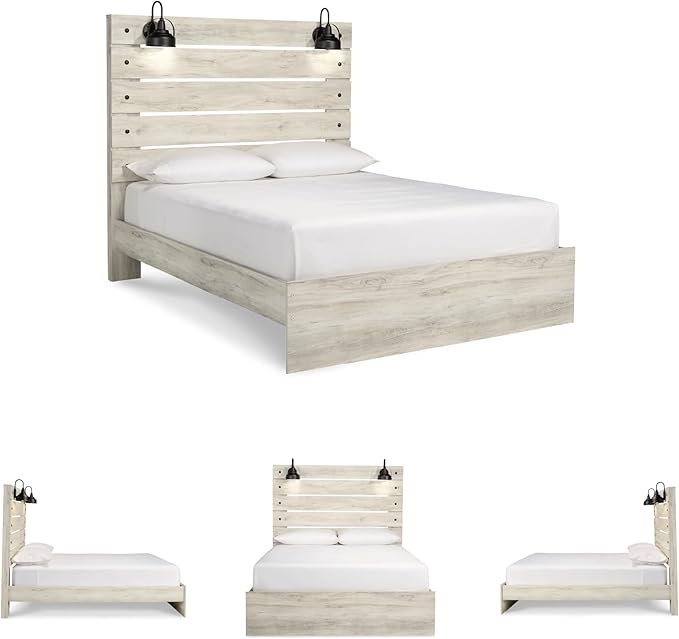 Signature Design by Ashley Cambeck Farmhouse Queen Panel Bed with LED Sconce Lights and USB Charging Ports, Open Slat Styling, Foundation or Box Spring Needed, Wood, Whitewash Finish