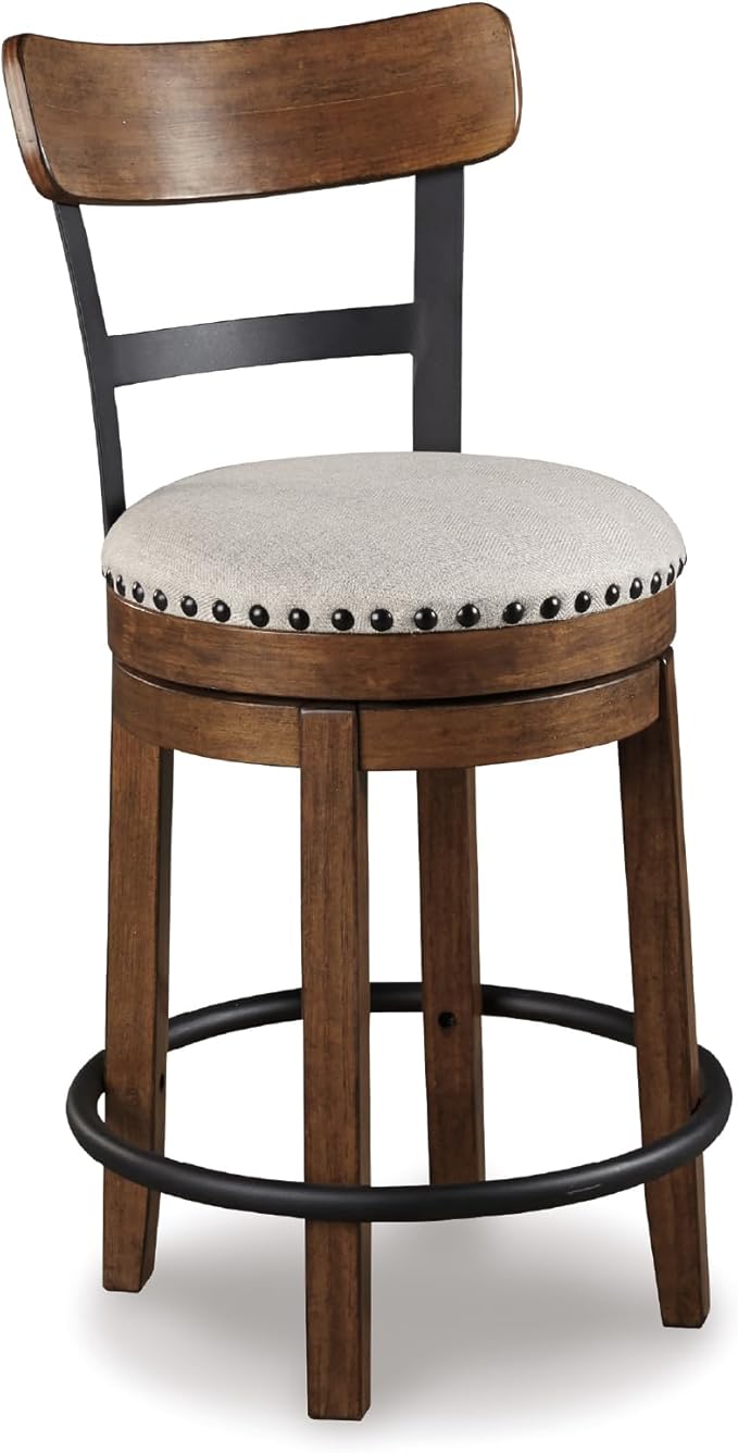 Signature Design by Ashley Valebeck Rustic Farmhouse Swivel Bar Stool – 24.5″ Counter Height, 360° Swivel Metal & Wood Frame, Polyester Upholstery – Brown