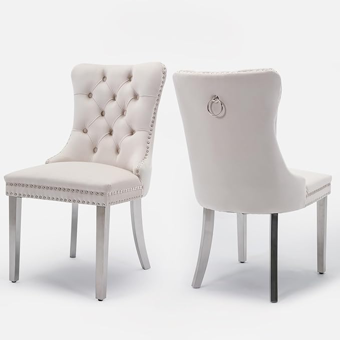 Velvet Upholstered Dining Chairs Set of 2, Modern Style Kitchen Side Chairs with Nailhead Trim and Silver Plated Leg, Metal Pulling Ring for Dining Room Living Room(Creamy White)