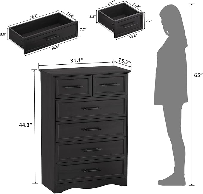 Black Farmhouse Dresser for Bedroom, Modern 6 Chest of Drawers, 44" Tall Chest of Drawers w/Brushed Metal Handle, Wood Closet Organizers and Storage Cabinet for Bedroom, Living Room, Hallway