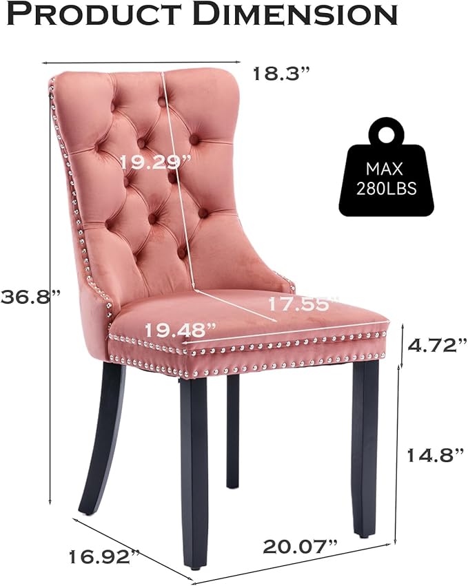 Velvet Upholstered Dining Chairs Set of 6, Modern Style Kitchen Side Chairs with Nailhead Trim and Wood Legs,Metal Pulling Ring for Dining Room Living Room(Pink)