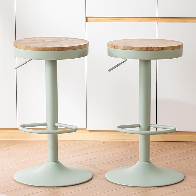 Kidol & Shellder Bar Stools Set of 4 Round Adjustable Swivel Barstools Modern Backless Bar Chairs Wooden Seat Counter Height Stools Armless for Kitchen Island, Cafe, Dining Room (Mint Green)
