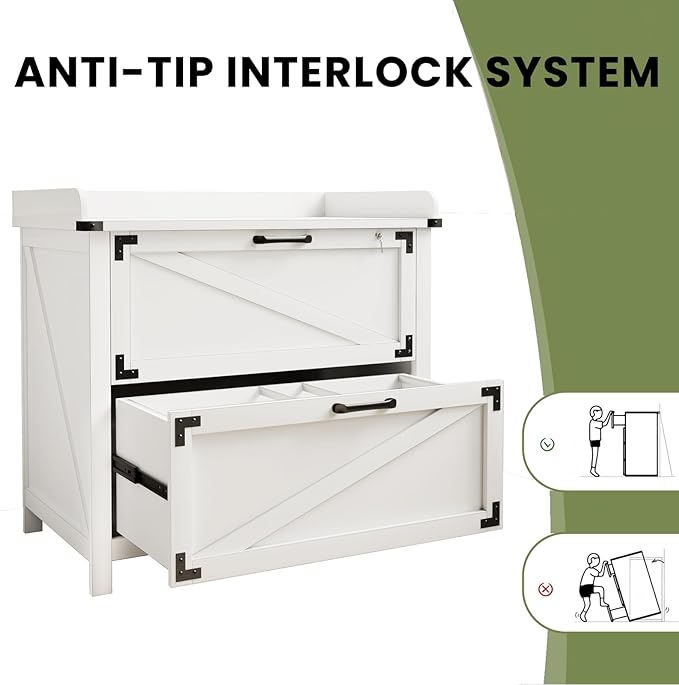 2 Drawer File Cabinet with Lock, Modern Farmhouse Filing Cabinet for Legal/Letter/A4 Size Hanging Files, Large Wood File Cabinets for Home Office