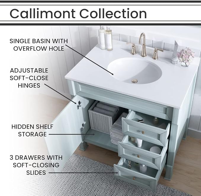 Hanover 36 Set Includes w, Blue Callimont 36'' Vanity Sink Combo for Bathroom, Powder Room | Pre-Assembled 1 Door, 3 Drawers | Accent Mirror| Artificial Stone Countertop Cabinet, 36 inches