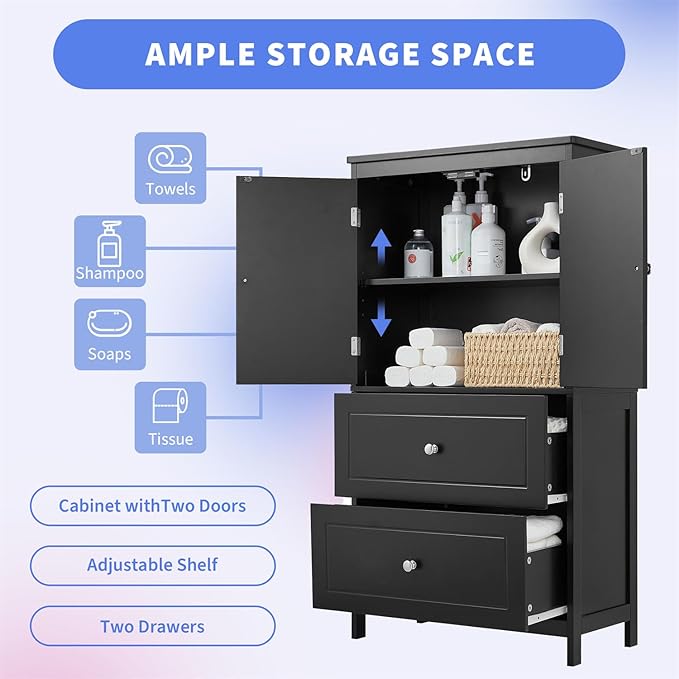 Polibi 43.3" H Storage Cabinet with 2 Doors, 2 Drawers, Adjustable Shelf, Wooden Linen Cabinet for Bathroom, Office, Kitchen, Black