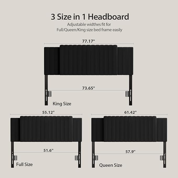 Upholstered Tufted Velvet Headboard, 3 in 1 Headboard for Full/Queen/King Size Bed, Height & Width Adjustable Head Board, Attach Frame, Study & Comfortable, Ideal for Bedroom, Dorm, Guest Room, Black