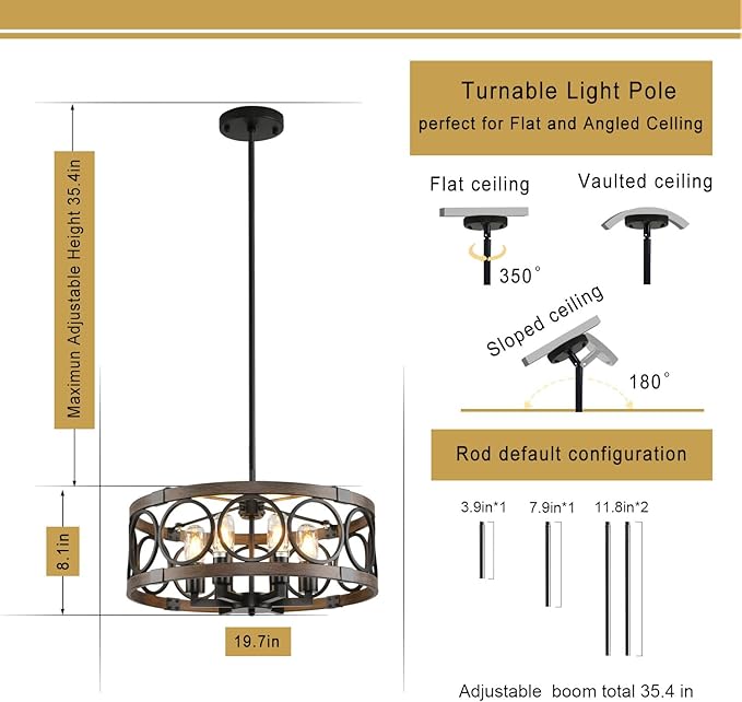 Semi Flush Mount Ceilnig Light,6-Light Farmhouse Chandelier Rustic,Modern Light Fixture Ceiling Mount Round Metal Vintage Chandelier Dining Room Light Fixtures for Kitchen