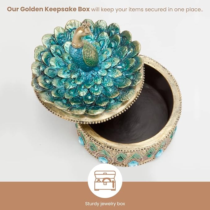 Bits and Pieces Peacock Jewelry Box for Women Small Keepsake Box with Peacock Figurine Lid - Decorative Boxes for Home Decor