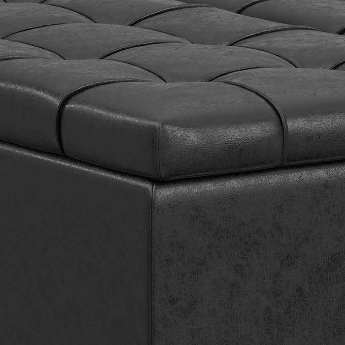 SIMPLIHOME Harrison Large Coffee Table Storage Ottoman - 40 inch Wide Upholstered Vegan Leather Square Lift-Top Ottoman in Distressed Black, Transitional Bench for Living Room with Sturdy Base