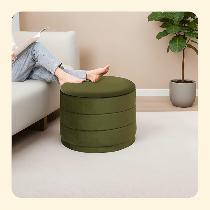 PINPLUS Large Round Velvet Storage Ottoman, Olive Green Upholstered Footstool with Hidden Storage, Sturdy Coffee Table Ottoman for Living Room & Bedroom