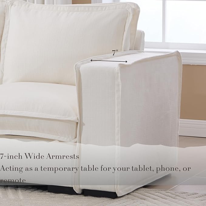 Modern Sectional Sofa for Living Room, Upholstered 3-Seater Modular Couches Linen Fabric L-Shaped Sofa with Ottoman for Home Furniture, White