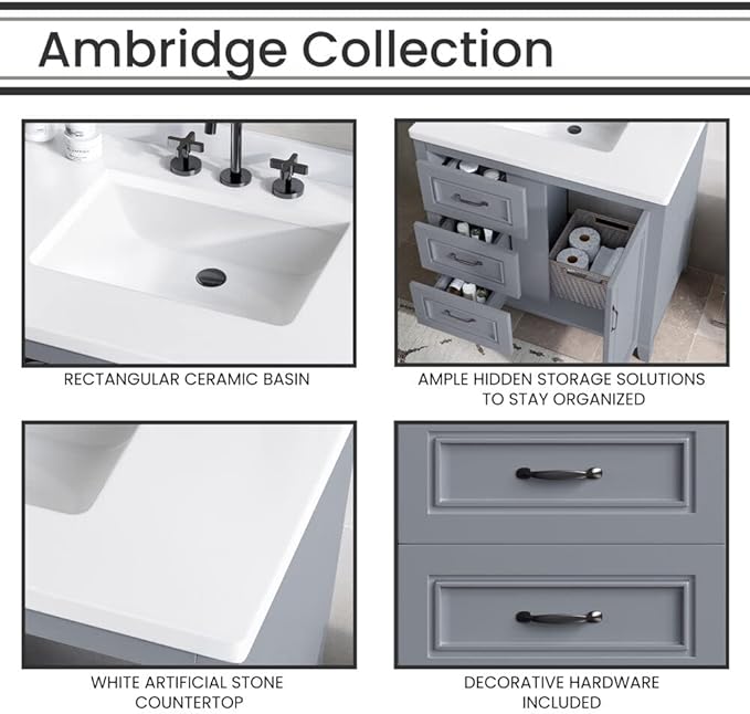 Hanover Ambridge 36'' Vanity Cabinet with Sink Combo for Bathroom, Powder Room | Pre-Assembled Cabinet | 1 Door, 3 Drawers | Artificial Stone Countertop, Gray Cabinet