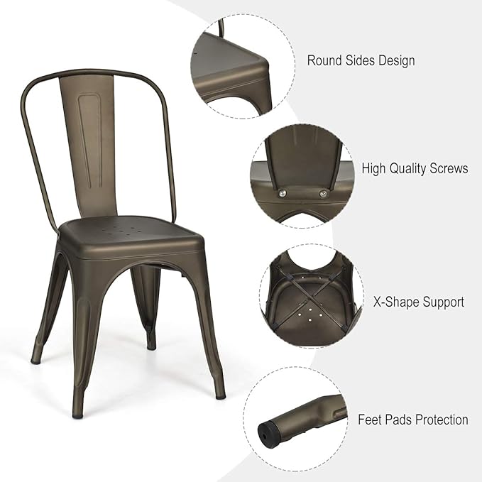 COSTWAY 18 Inch Dining Chair Set of 4, Industrial Vintage Stackable Metal Chairs, Outdoor Indoor Stools with Detachable High Backrest for Home, Kitchen and Cafe Bar Use