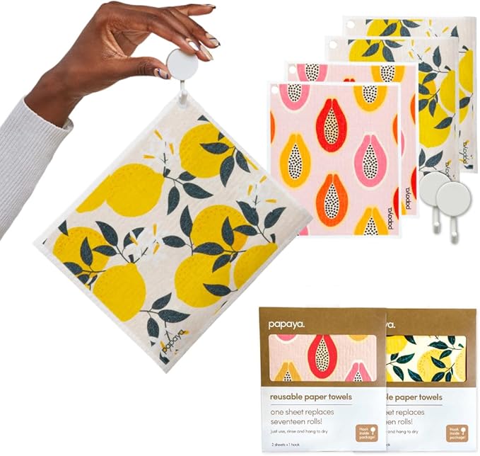 Papaya Reusable Paper Towels, Premium Swedish Dishcloths, Washable Reusable Dish Cloths, 1 Sheet Replaces 17 Rolls, Eco Friendly Stocking Stuffer - 4 Sheets, 2 Hooks
