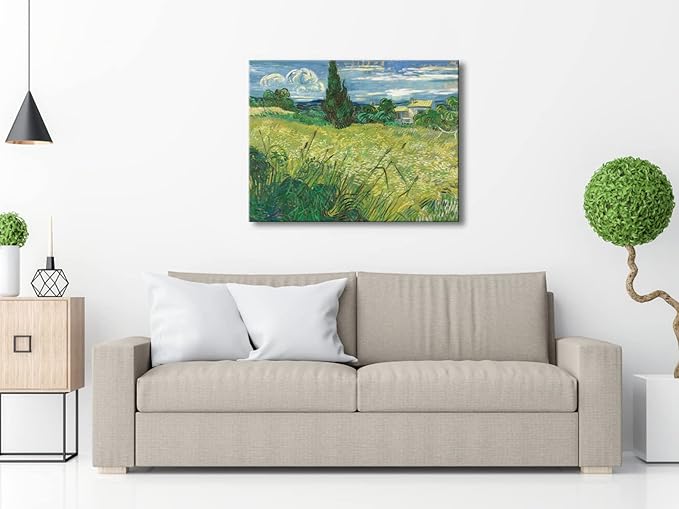 Wieco Art Abstract Canvas Prints Wall Art Green Field 1889 by Van Gogh Famous Oil Paintings Reproduction Artwork Stretched Landscape Picture for Living Room Home Office Decoration