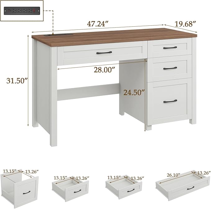 Vabches Farmhouse 47" Executive Desk, Computer Desk with File Drawer and Charging Station, Workstation for Home Office & Study.Off White