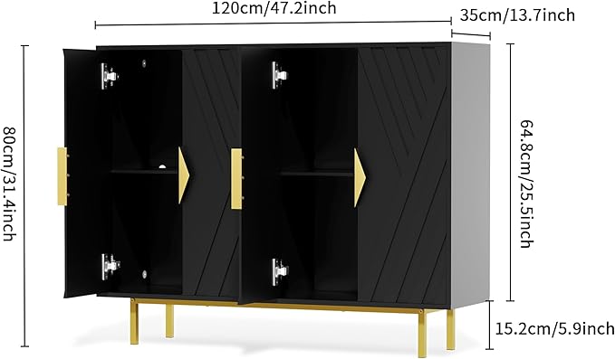 Sideboard Buffet Cabinets with Storage, 47.2" Mid-Century Modern Storage Cabinets with Adjustable Shelves, Relief 4 Doors Accent Cabinets, Wood Console Cabinet for Dining Living Room, Entryway, Black