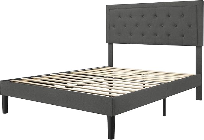 Allewie Queen Size Button Tufted/Fabric Upholstered Bed Frame with Adjustable Headboard/Wood Slat Support/Mattress Foundation/Dark Grey