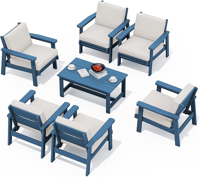 SERWALL HDPE Outdoor Furniture Set, 7 Piece All Weather Wood-Like Outdoor Sofa Sectional Couch, Blue Patio Furniture Set with Khaki Cushions