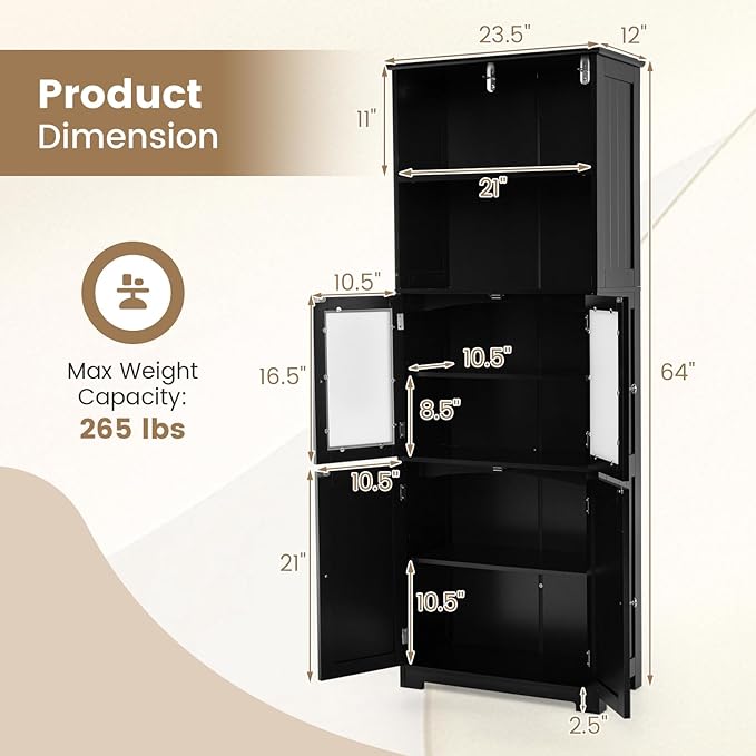 LOKO Tall Bathroom Cabinet, Modern Storage Organizer with Doors & Open Shelves, Wooden Floor Cabinet with Adjustable Shelves for Bathroom, Living Room or Kitchen (Black)