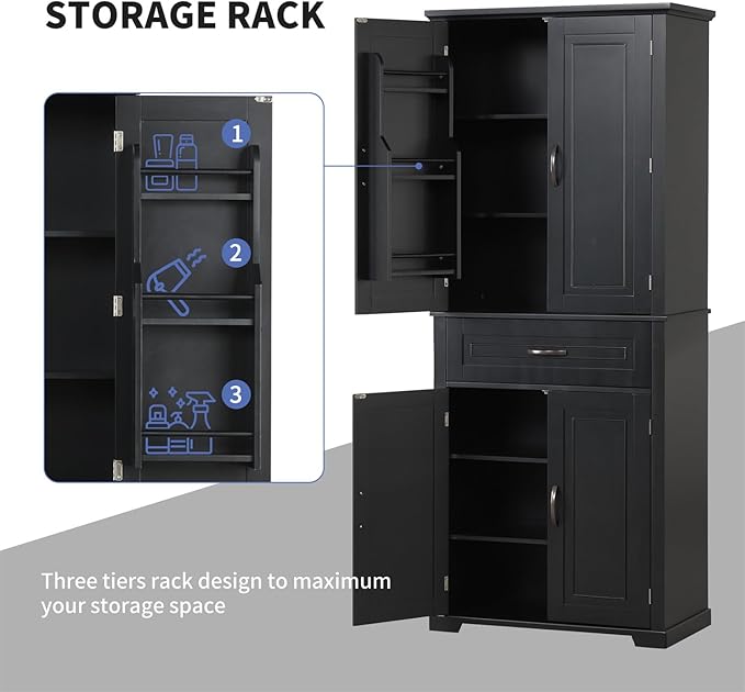 Polibi Bathroom Storage Cabinet with 4 Doors, 3-Tier Door Racks, Storage Drawer, 72" Free-Standing Tall Linen Cabinet for Bathroom, Living Room, Apartment, Black