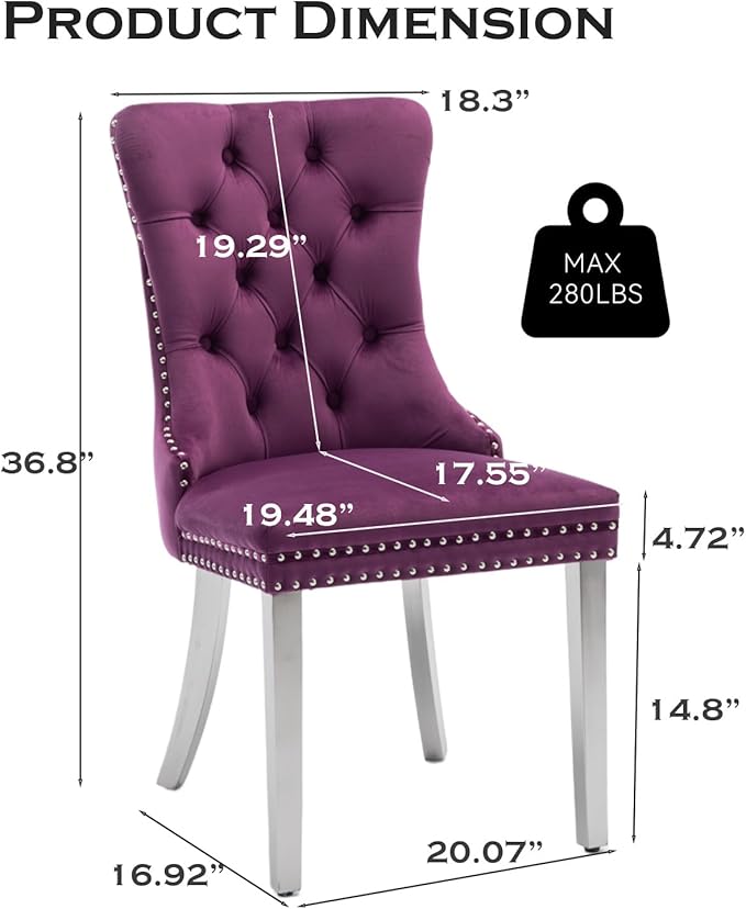Velvet Upholstered Dining Chairs Set of 4, Modern Kitchen Side Chairs with Nailhead Trim and Silver Plated Leg, Metal Pulling Ring for Dining Room Living Room(Purple-Silver Plated Leg)