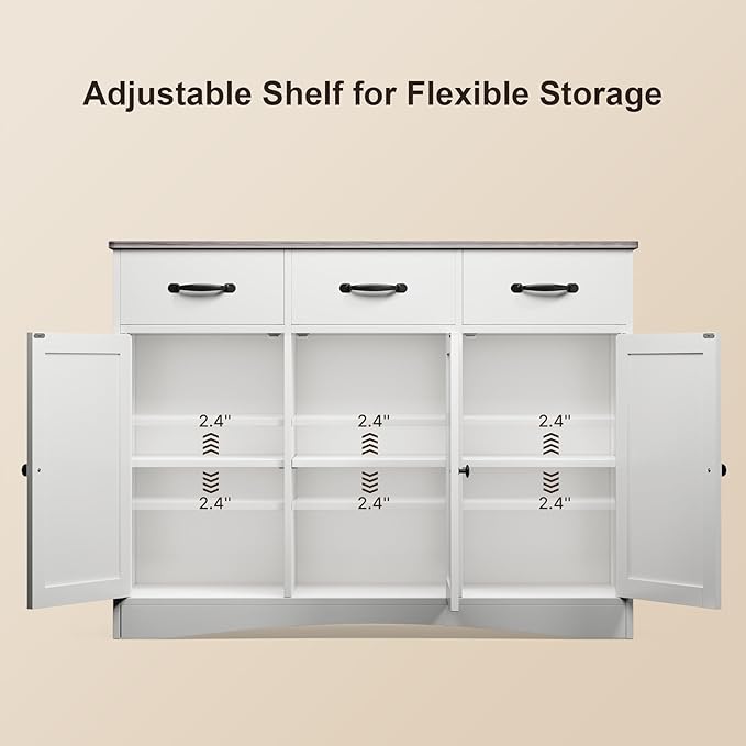 Gizoon Farmhouse Sideboard Buffet Cabinet, 42.5'' Kitchen Storage Cabinets with 3 Drawers and Barn Doors, Wood Coffee Bar Cabinet with Adjustable Shelf for Kitchen, Dining Room, Living Room, Grey