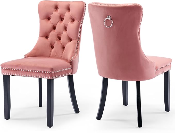Velvet Upholstered Dining Chairs Set of 2, Modern Style Kitchen Side Chairs with Nailhead Trim and Wood Legs,Metal Pulling Ring for Dining Room Living Room(Pink,Set of 2)