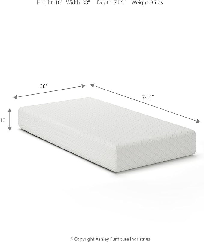 Signature Design by Ashley Twin Size Chime 10 Inch Medium Firm Memory Foam Mattress with Green Tea & Charcoal Gel for Pressure Relief, Fiberglass Free, Mattress In A Box