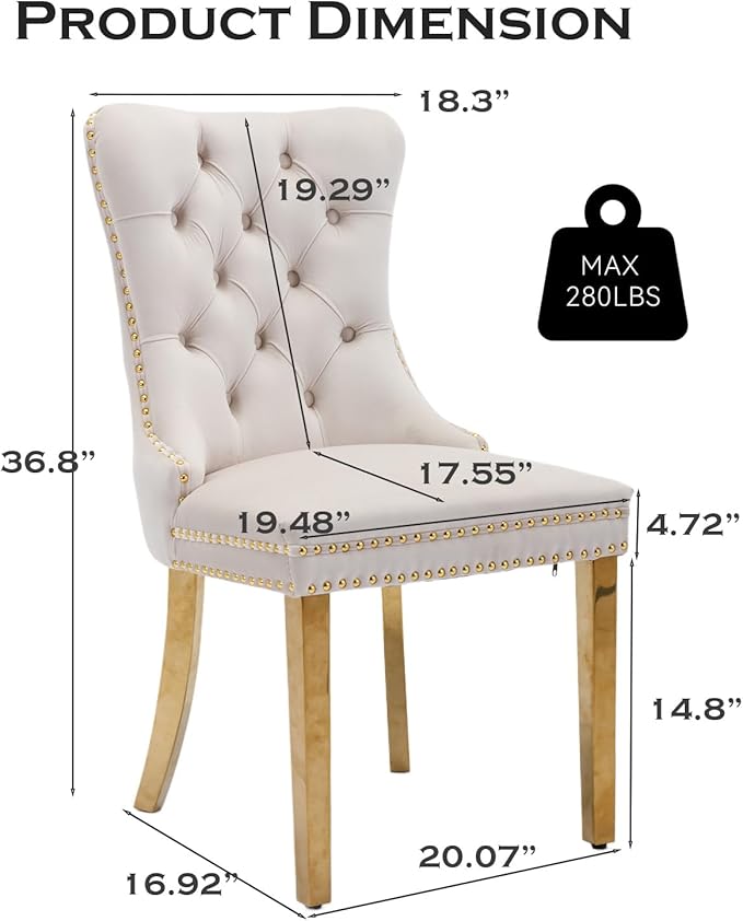 Velvet Upholstered Dining Chairs Set of 2, Modern Style Kitchen Side Chairs with Nailhead Trim and Gold Plated Leg, Metal Pulling Ring for Dining Room Living Room(Beige-Gold Plated Leg)