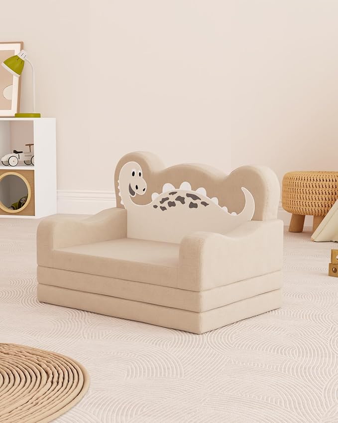 YACODAVO 2-in-1 Kids Couch Fold Out, Convertible Toddler Couch to Lounger, Toddler Chair Comfy, Kids Sofa for Girls and Boys, Gift for Birthday, Children's Day, Dinosaur Beige