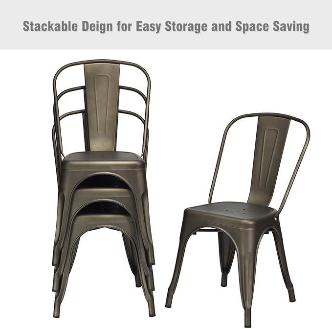 COSTWAY 18 Inch Dining Chair Set of 4, Industrial Vintage Stackable Metal Chairs, Outdoor Indoor Stools with Detachable High Backrest for Home, Kitchen and Cafe Bar Use