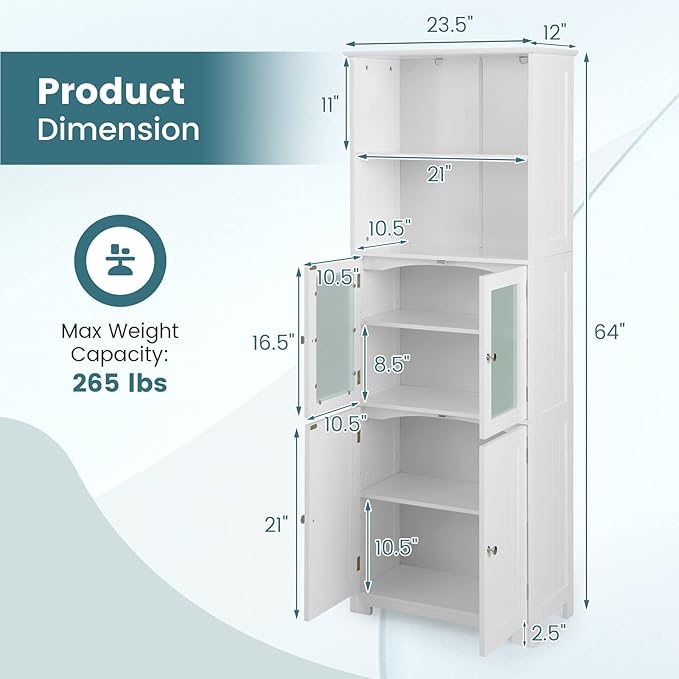 LOKO Tall Bathroom Cabinet, Modern Storage Organizer with Doors & Open Shelves, Wooden Floor Cabinet with Adjustable Shelves for Bathroom, Living Room or Kitchen (White)