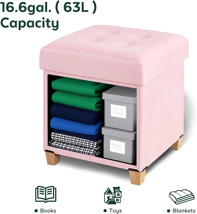 17.7" Ottoman with Storage, Square Storage Ottoman for Dorm, Velvet Ottomans with Legs for Living Room, Bedroom, Pink
