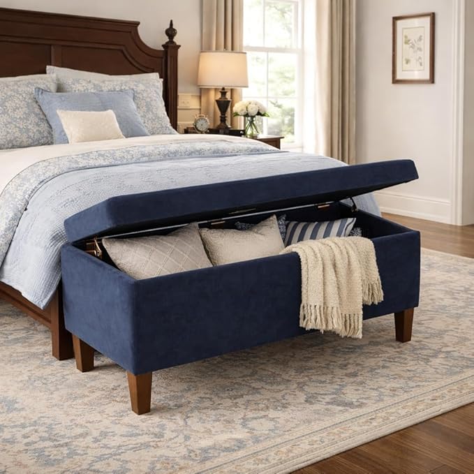 HomePop Large Upholstered Rectangular Storage Ottoman Bench with Hinged Lid, Navy