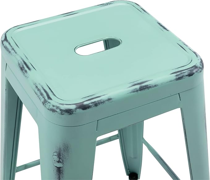 Vogue Furniture Direct 24 Inch Metal Bar Stools, Backless Counter Height Barstools, Indoor Outdoor Stackable Stools with Square Seat, Set of 2 (Distressed Mint Green)