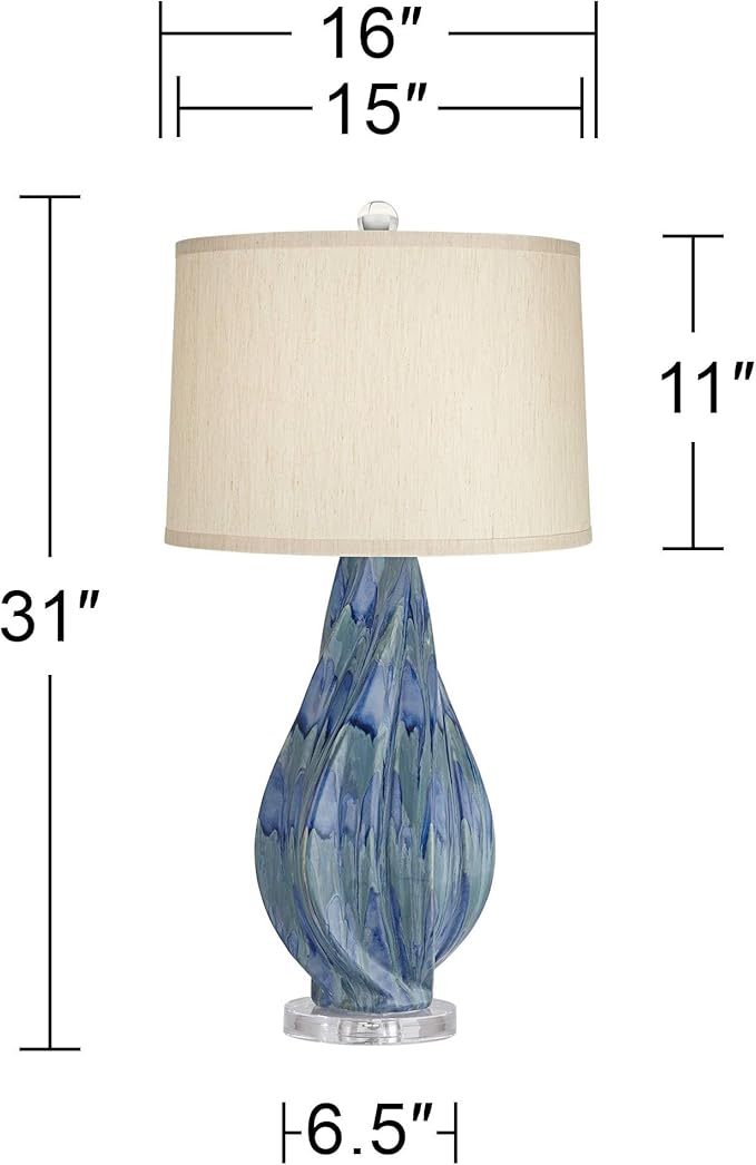 Possini Euro Design Teresa Modern Table Lamp with USB Charging Port 31" Tall Teal Blue Ceramic Beige Fabric Drum Shade Living Room Bedroom House Bedside Home Office Entryway (Color May Vary)